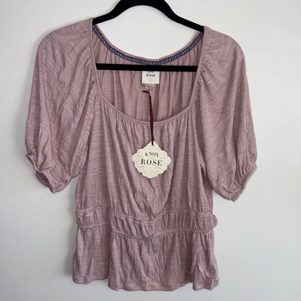 Knox Rose Mauve Textured Smocked Peplum Blouse Square Neck Balloon Sleeve Large - Picture 2 of 6